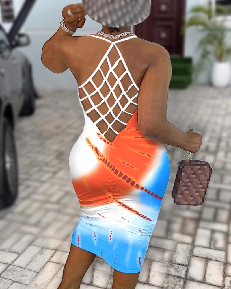 

Plus Size Tie Dye Print Hollow Out Backless Midi Dress, Multicolor