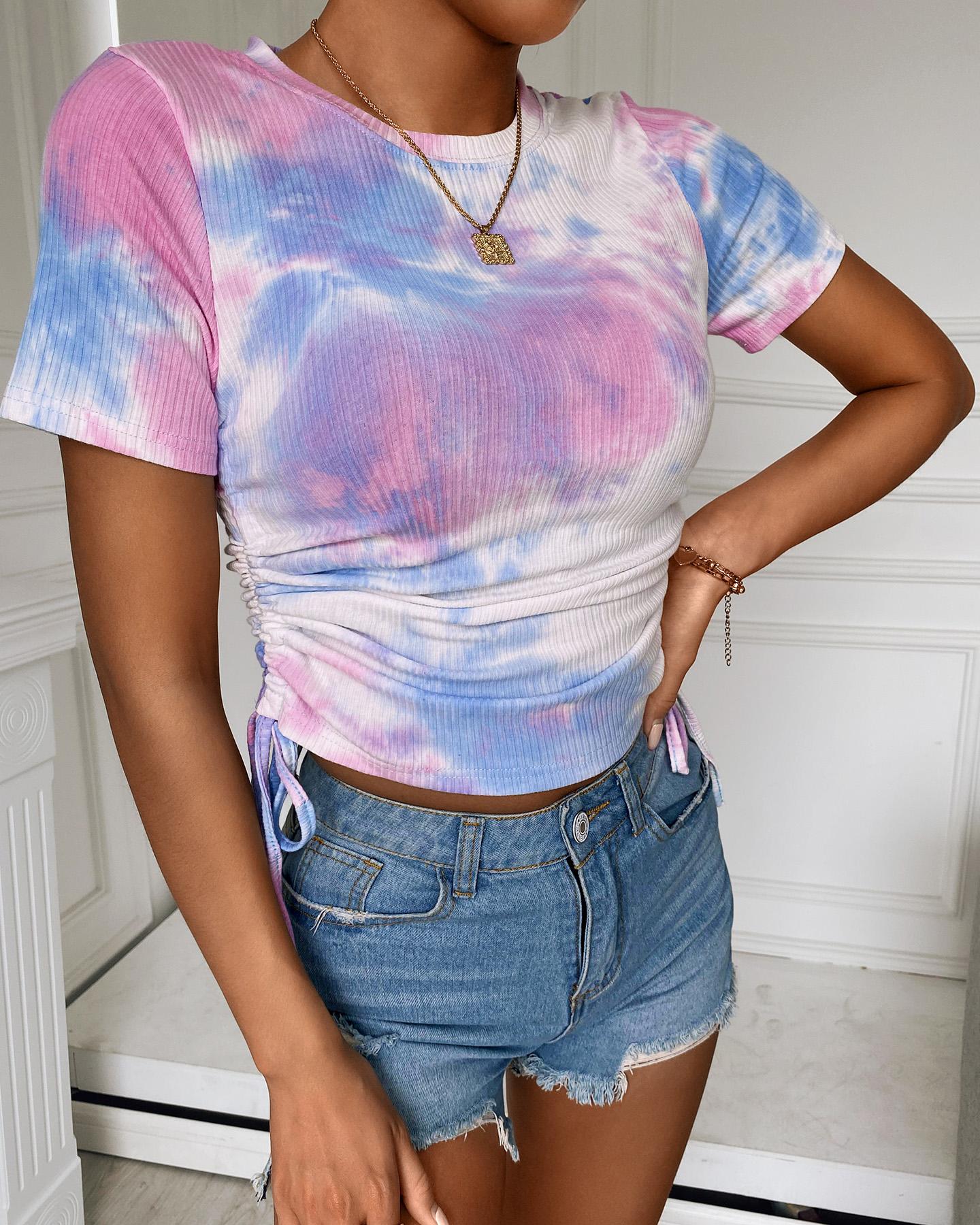 

Tie Dye Print Short Sleeve Drawstring T-shirt, Blue