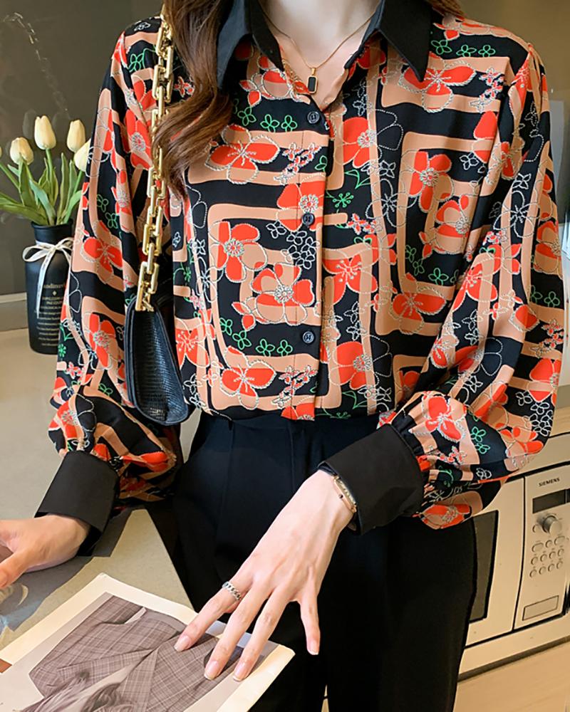 

Floral Print Lantern Sleeve Buttoned Top, Orange