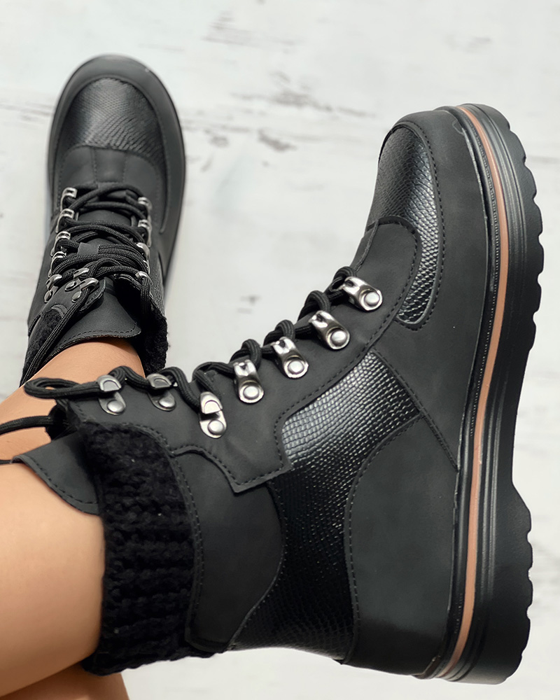 

Lace-up Cheetah Knit Trim Martin Boots, Black