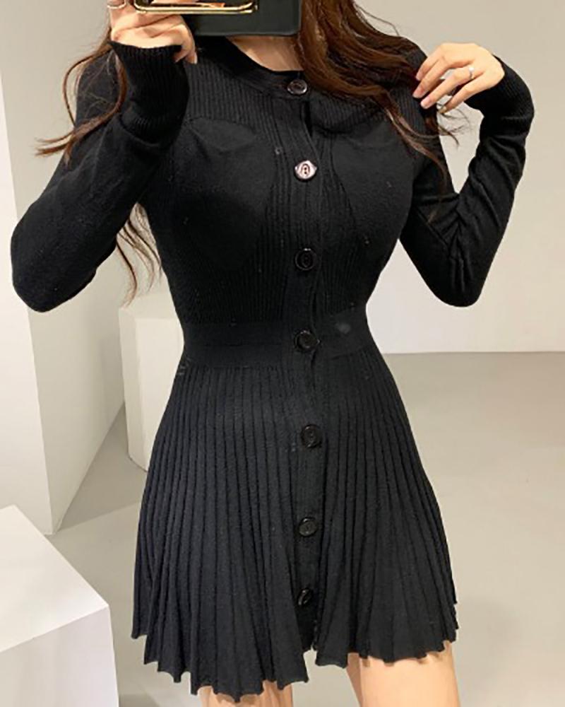 

Knit Long Sleeve Casual Buttoned Dress, Black