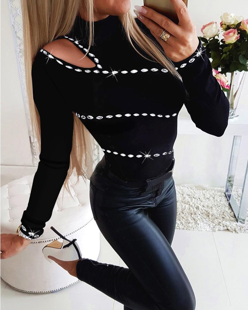 

Studded Cold Shoulder Long Sleeve Women Blouse, Black