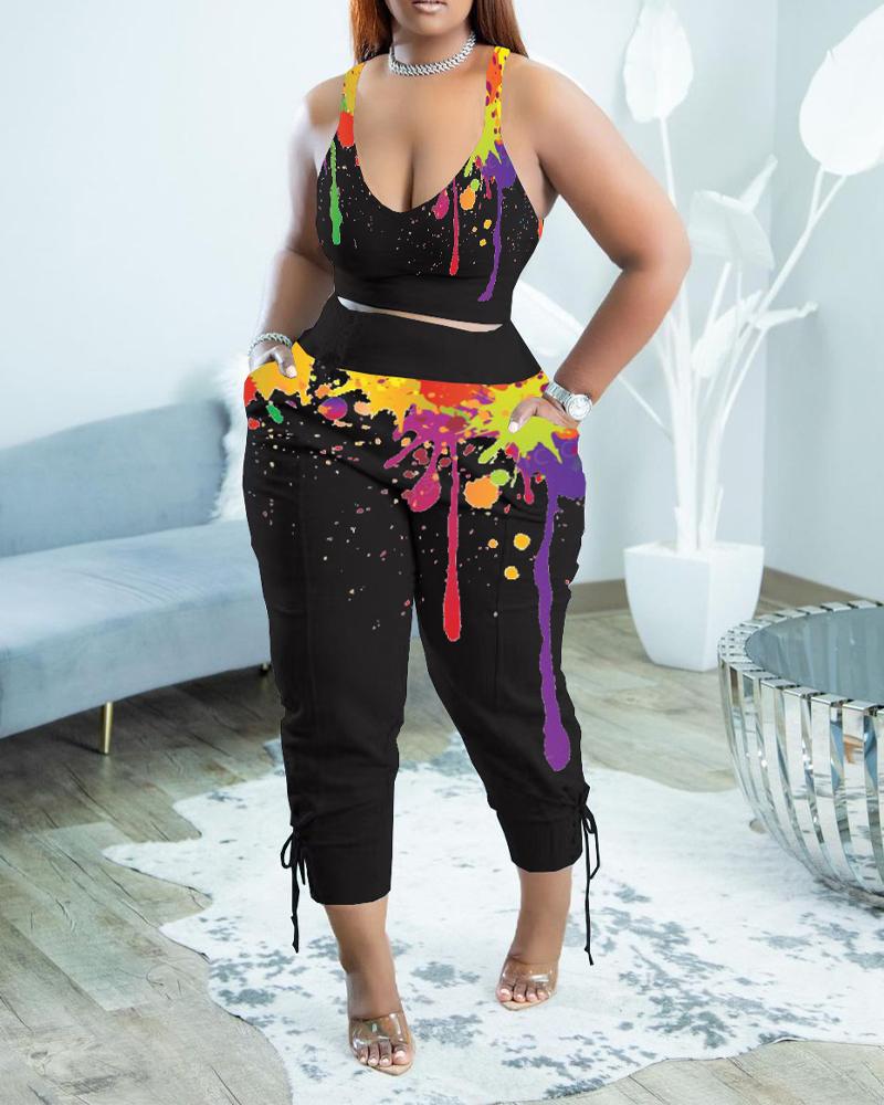 

Plus Size Ink Splash Print Crop Top & Eyelet Lace-up Pants Set, Black