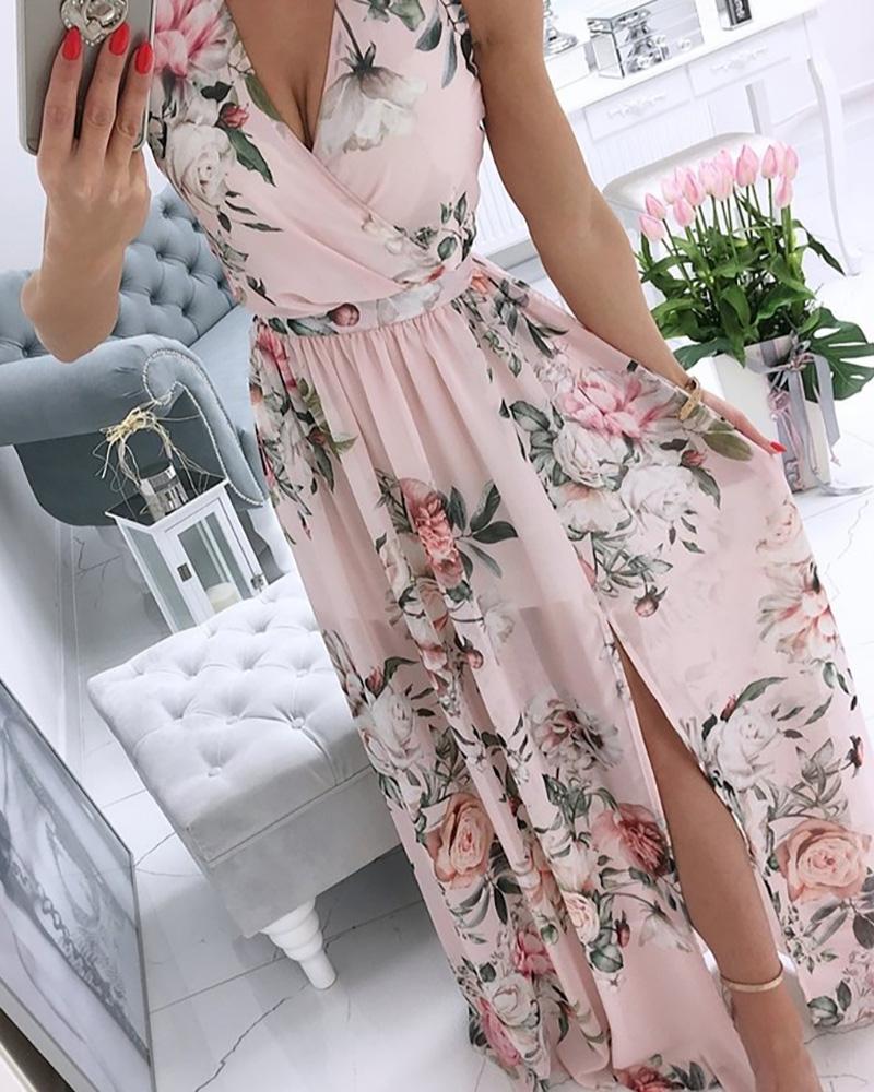 

Floral Print V-Neck Slit Maxi Dress, Pink