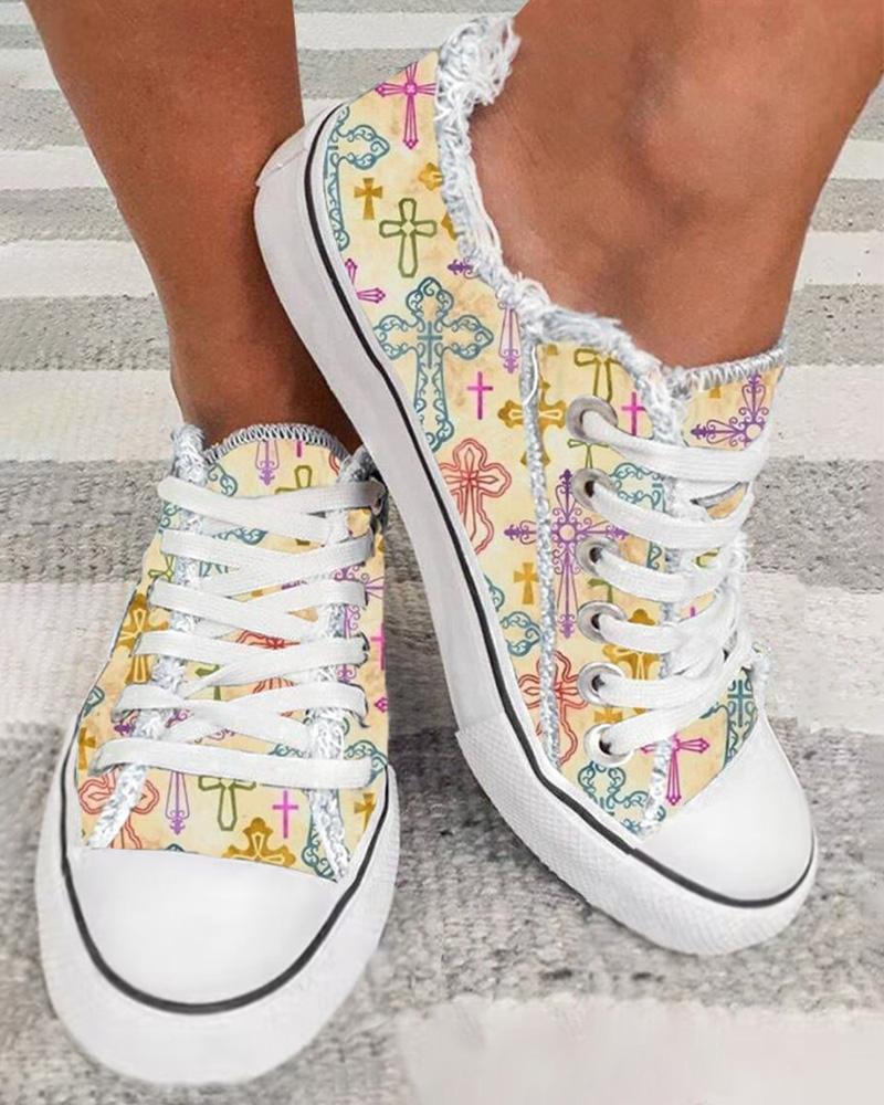 

Easter Cross Graphic Print Raw Hem Sneakers, Multicolor