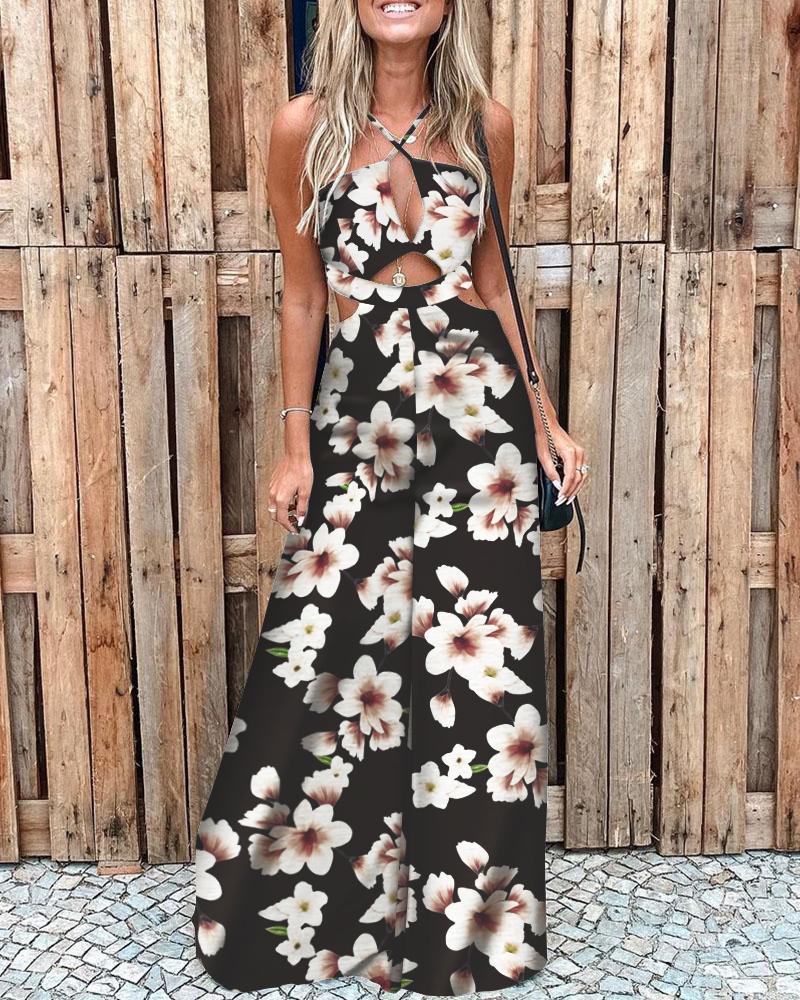 

Floral Print Cutout Wide Leg Jumpsuit, Black