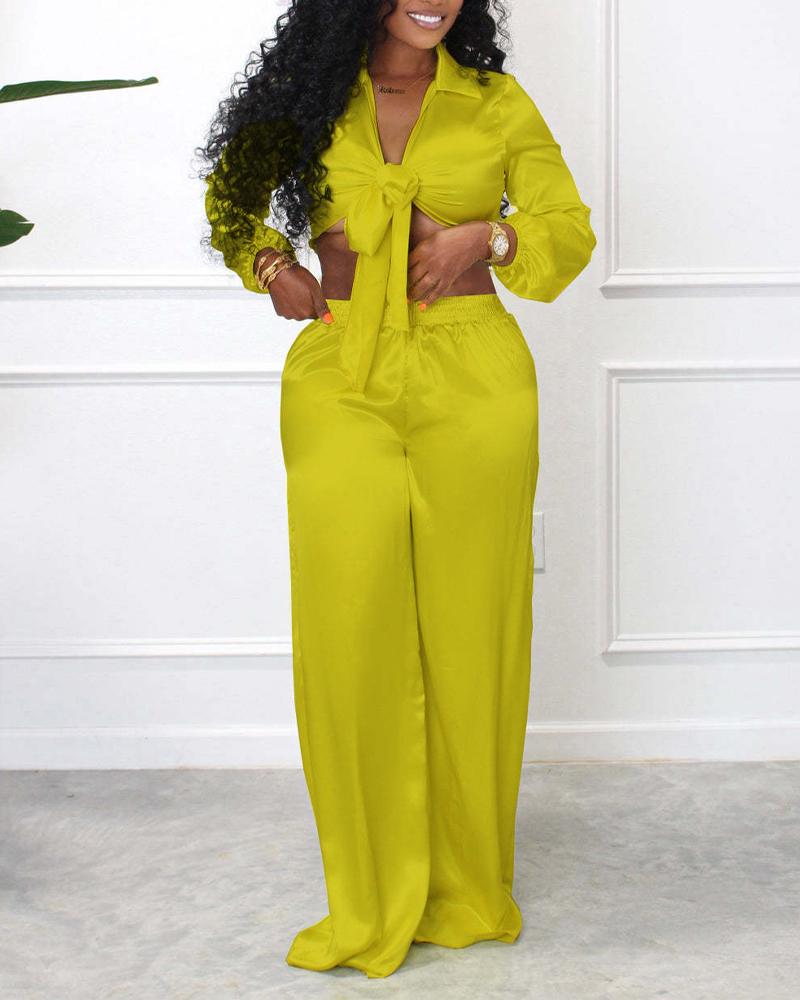 

Long Sleeve Tied Detail Crop Top & Pants Set, Yellow