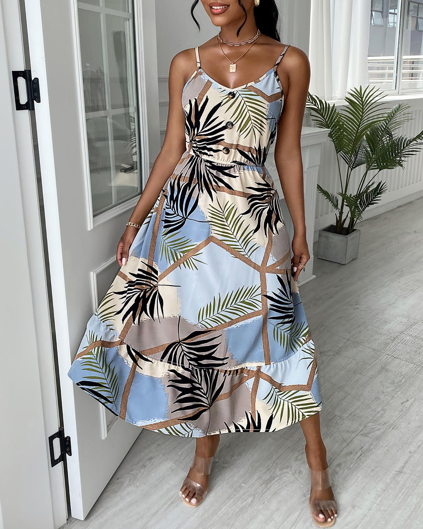 

Tropical Print Button Front Ruched Dress, Multicolor