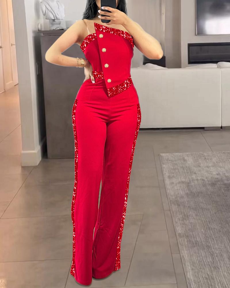 

Contrast Sequin Bandeau Strapless Jumpsuit Button Decor Casual Wide Leg Rompers, Red