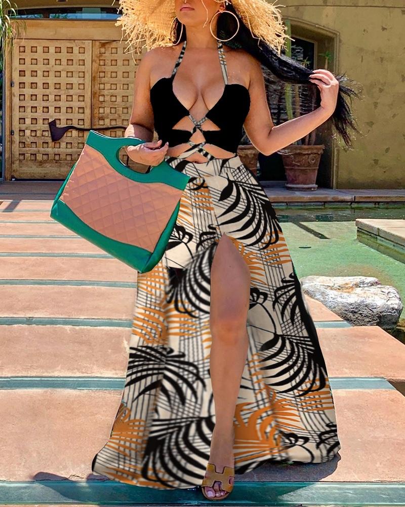 

Halter Lace-UP Tropical Print Slit Maxi Dress, Black