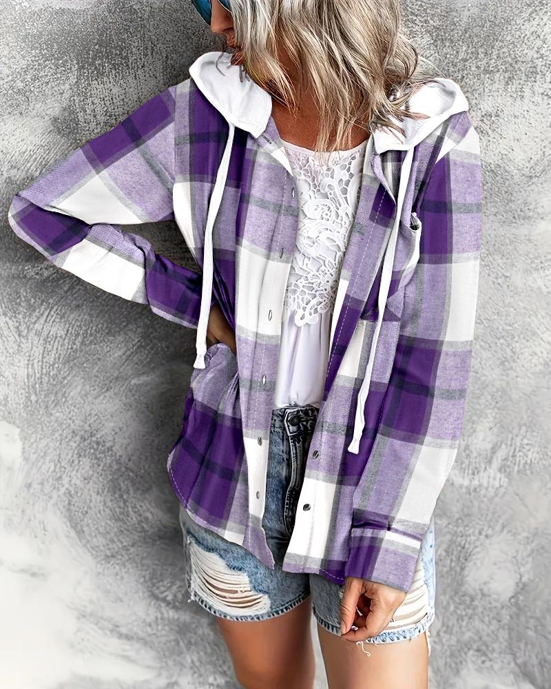 

Plaid Print Buttoned Hooded Top, Purple
