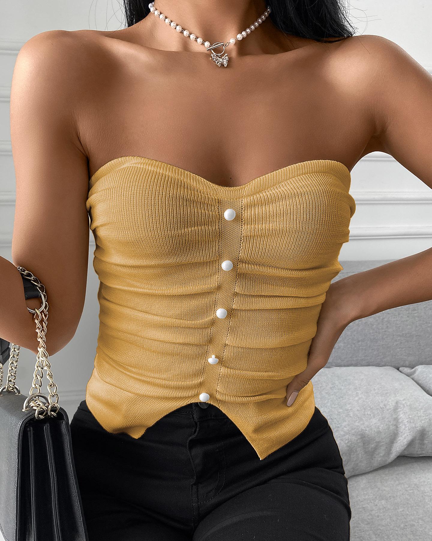 

Plain Fold Button Design Sweetheart Neck Sleeveless Top, Yellow