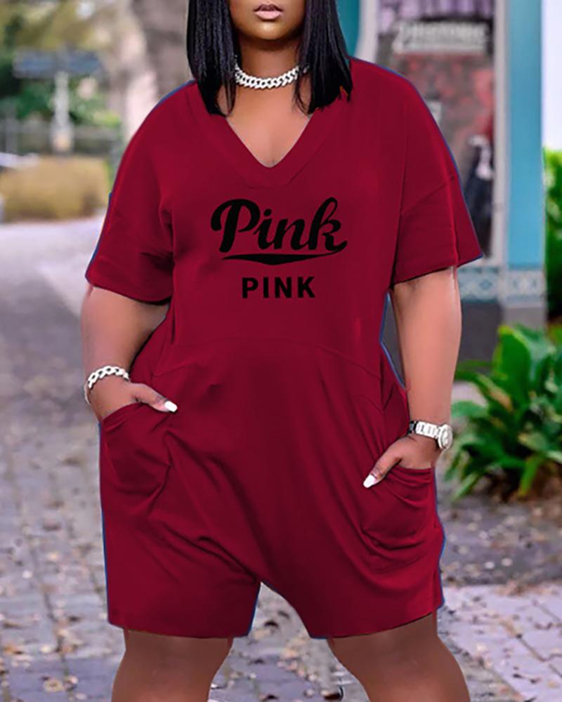 

Pocket Design Letter Print Short Sleeve Romper, Wine red