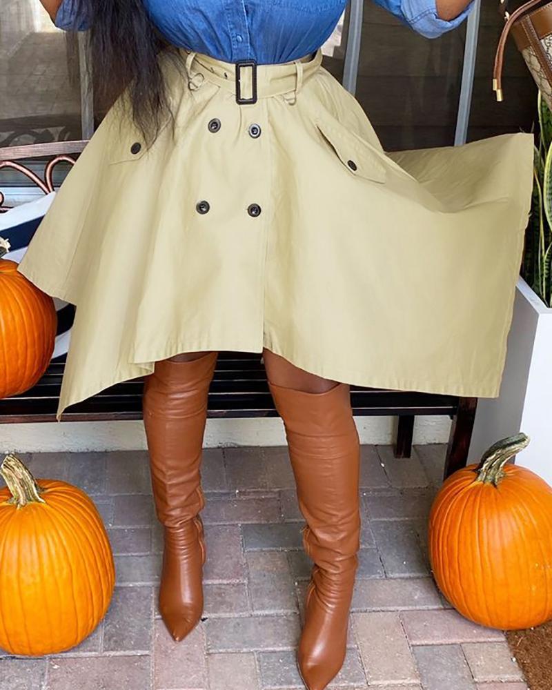 

High Waist Buttoned Asymmetrical Skirt, Khaki