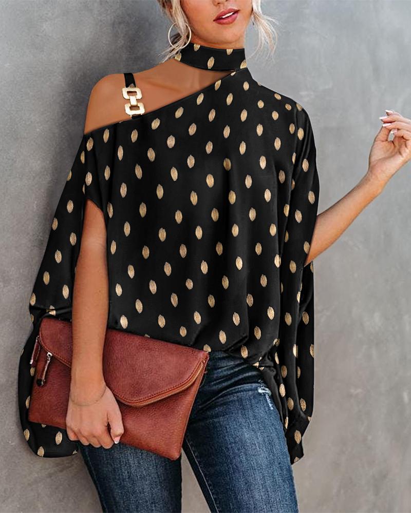 

Metallic Polka Dot Chain Strap Cold Shoulder Top, Black