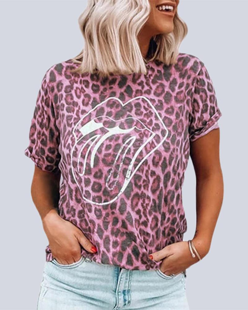 

Leopard Lip Print Casual T-Shirt, Pink