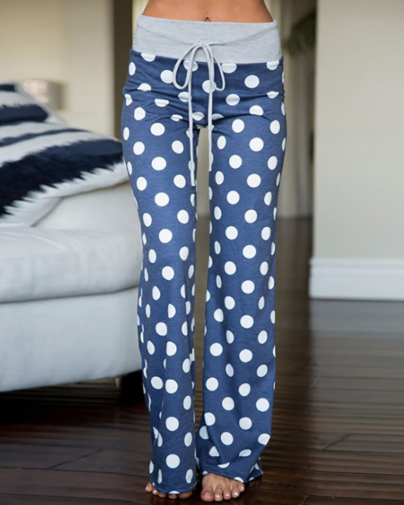 

Polka Dot Print Wide Leg Drawstring Pants, Blue