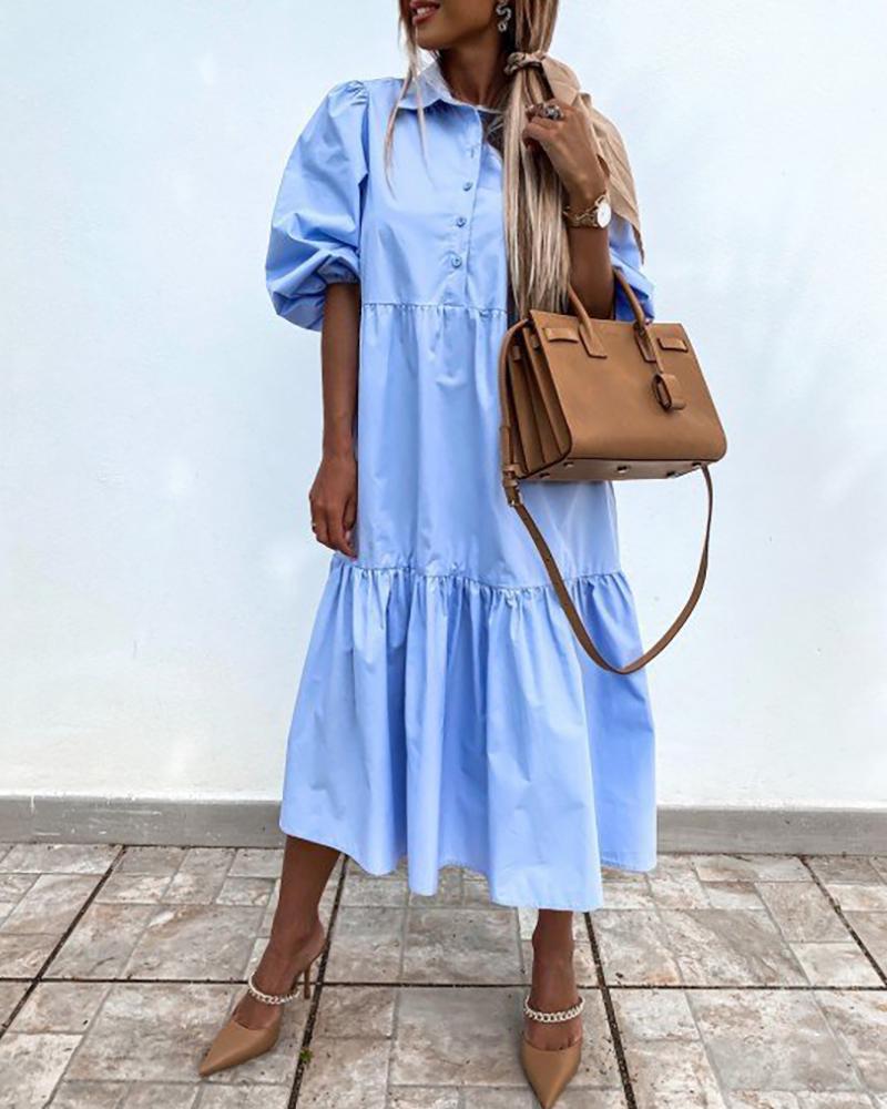 

Lantern Sleeve Ruched Casual Shirt Dress, Blue