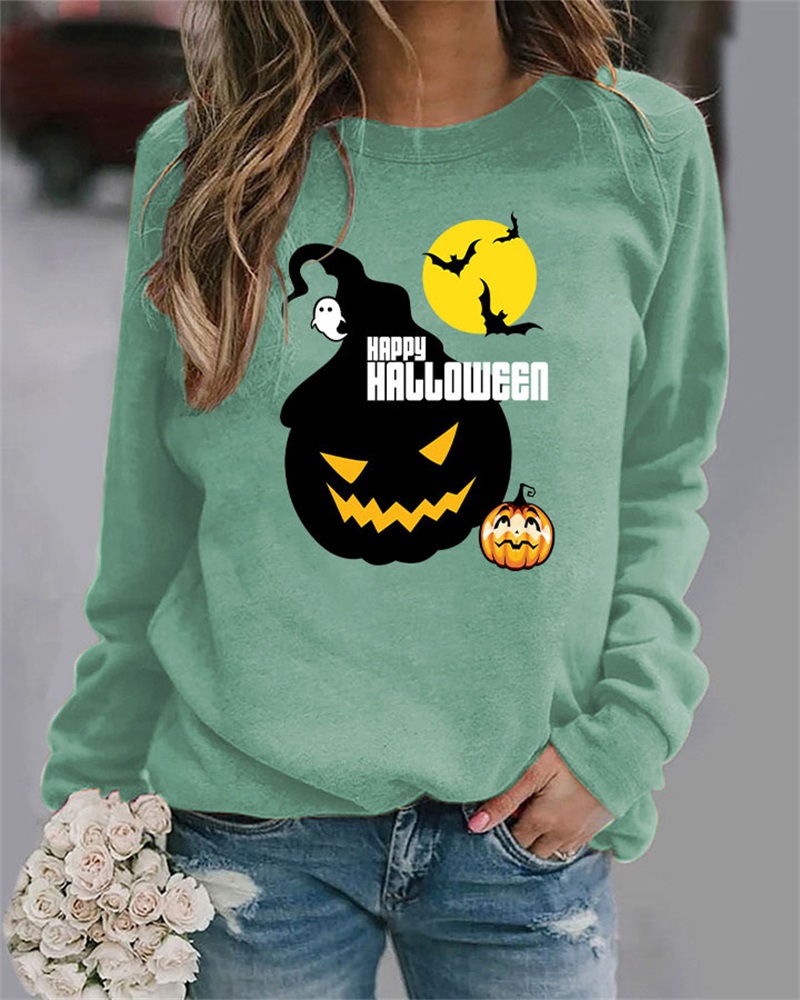 

Plus Size Halloween Graphic Print Long Sleeve Top, Green