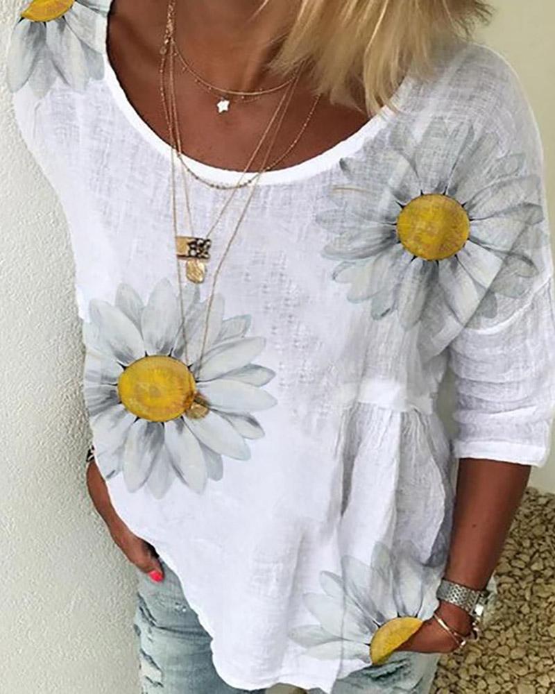 

Sunflower Print Round Neck Casual T-shirt, White