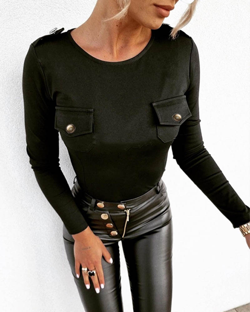 

Button Decor Flap Detail Long Sleeve Top, Black