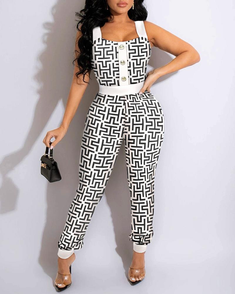

Geometric Print Button Decor Sleeveless Jumpsuit, Blackwhite
