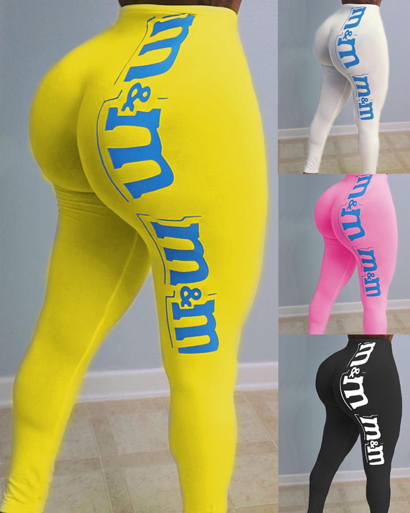 

High Waist Letter Print Leggings, Yellow