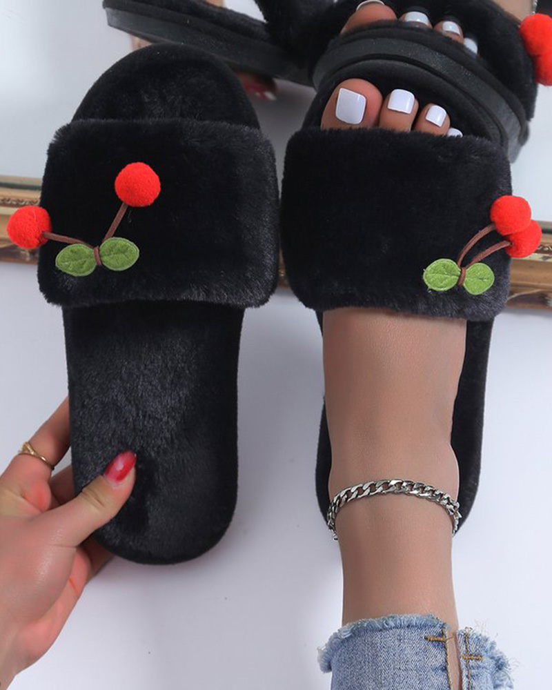 

Cheery Pattern One Strap Fuzzy Slippers, Black