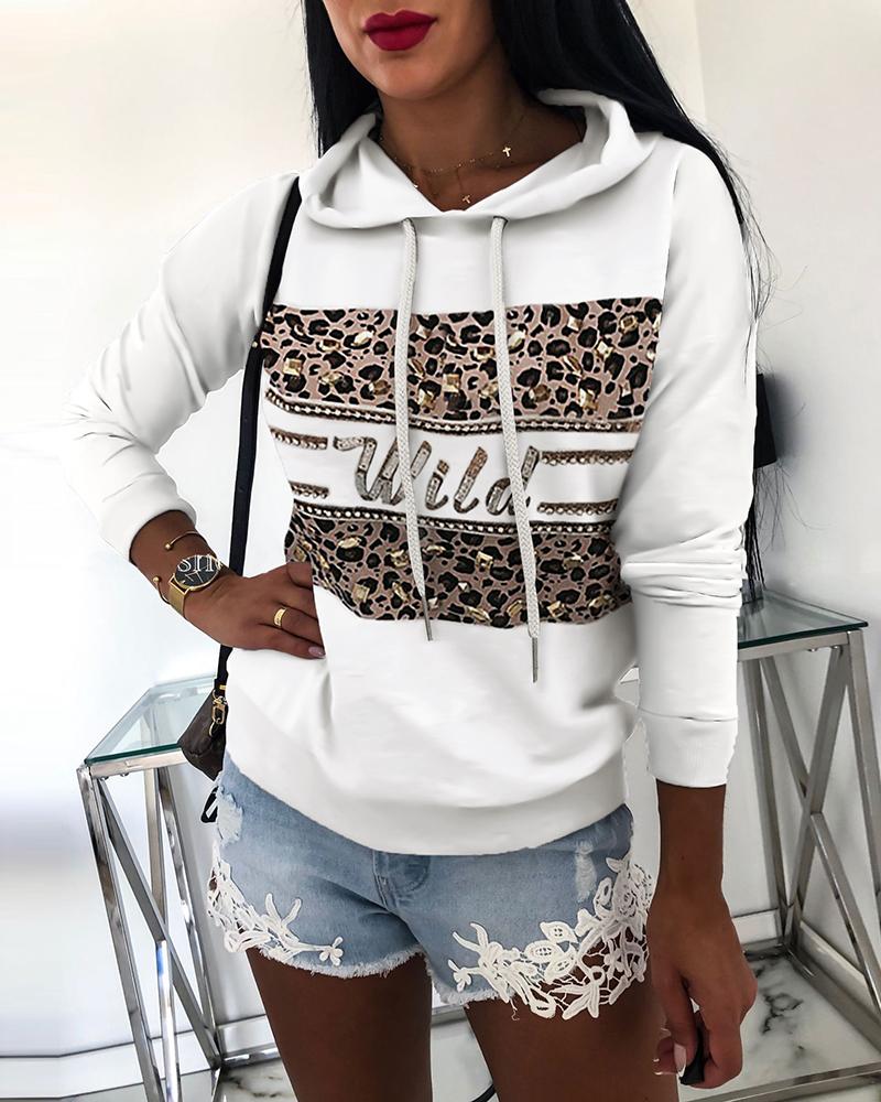 

Hooded Drawstring Leopard Hot Stamping Sweatshirt, White