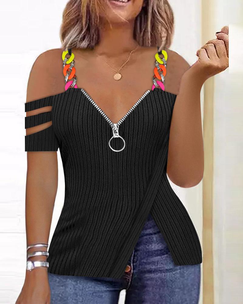 

Ladder Cutout Cold Shoulder Zipper Front Top, Black