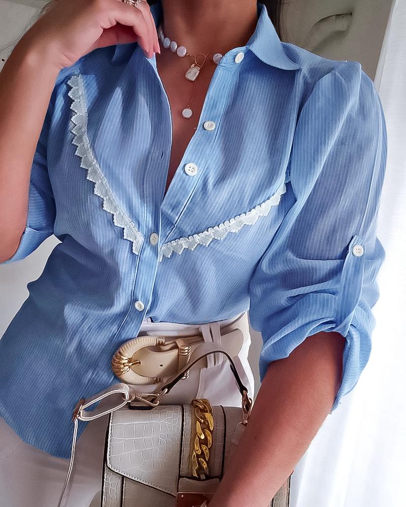 

Striped Lace Trim Turn-down Collar Puff Sleeve Blouse Casual Slim Fit Shirts, Lighted blue