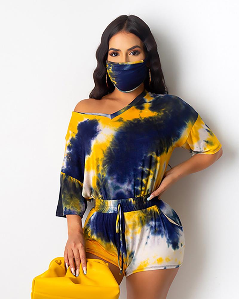

Tie Dye Print Casual Top With Face Bandana & Drawstring Shorts Set, Dark blue