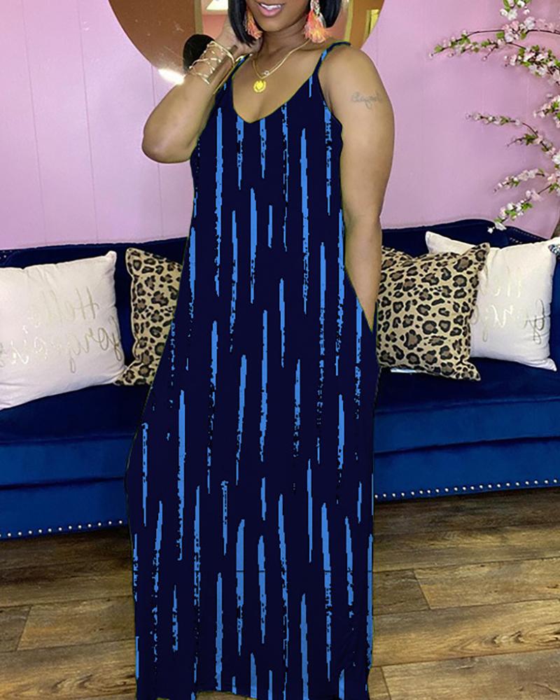 

Striped Colorblock Pocket Design Maxi Dress, Blue