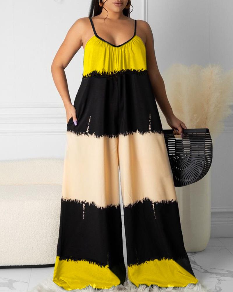 

Colorblock Pocket Design Ruched Wide Leg Jumpsuit, Light yellow