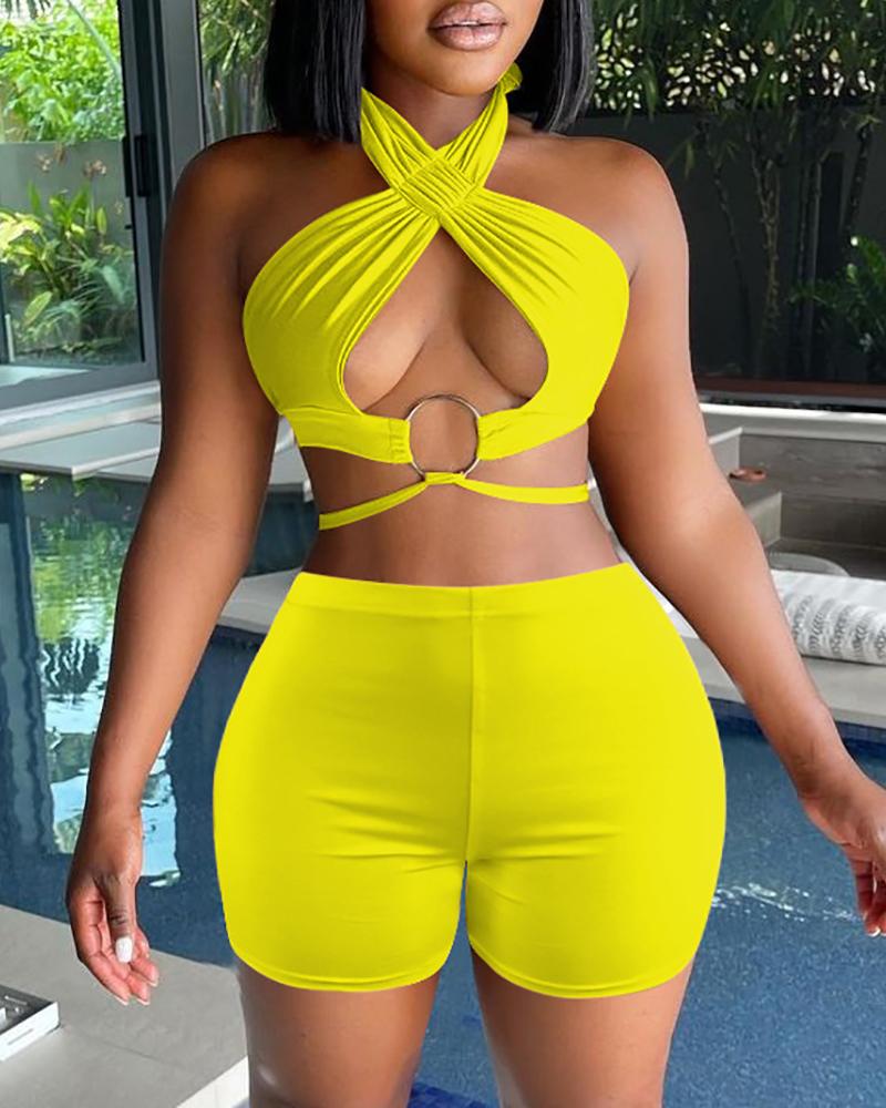 

Halter O-Ring Cutout Crop Top & Shorts Sets, Yellow