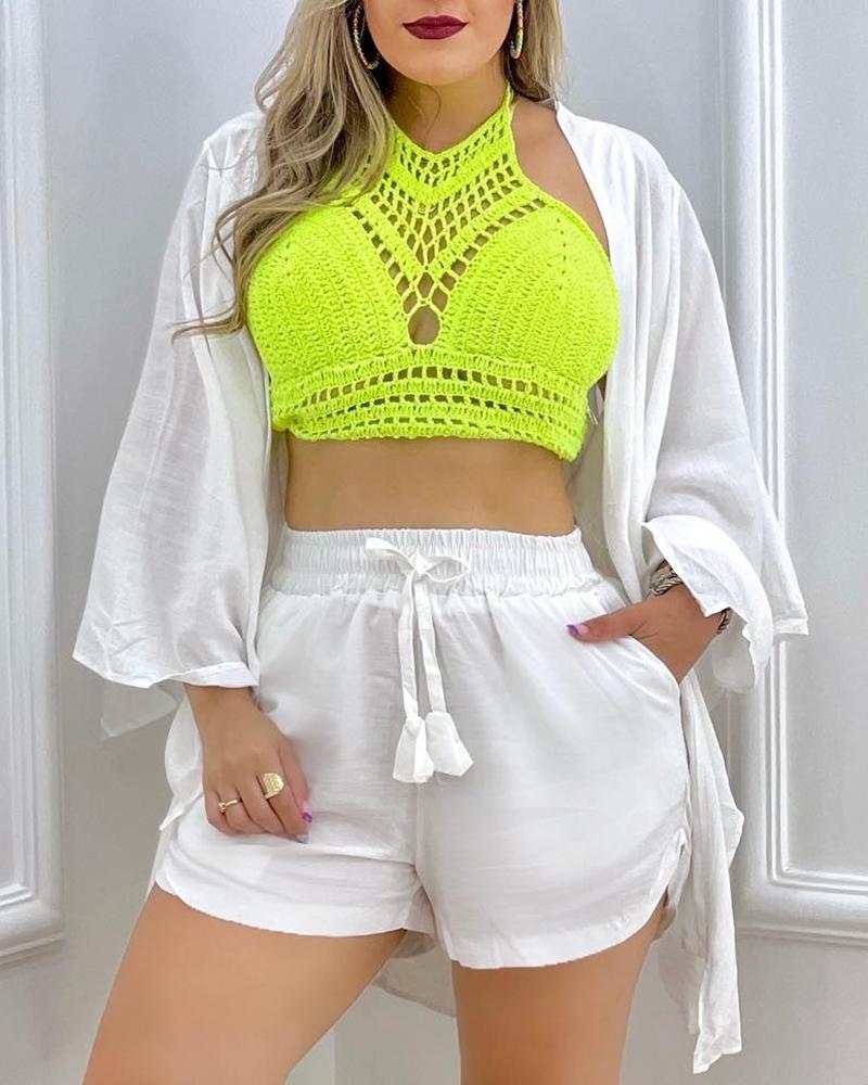 

Bell Sleeve Top & Tassel Pocket Design Shorts Set, White