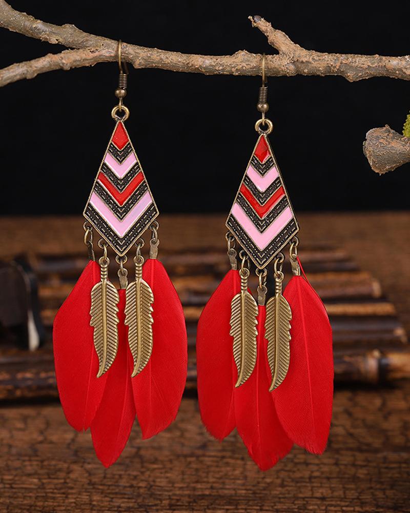 

1Pair Feather Decor Dream Catcher Shaped Drop Earrings, Red
