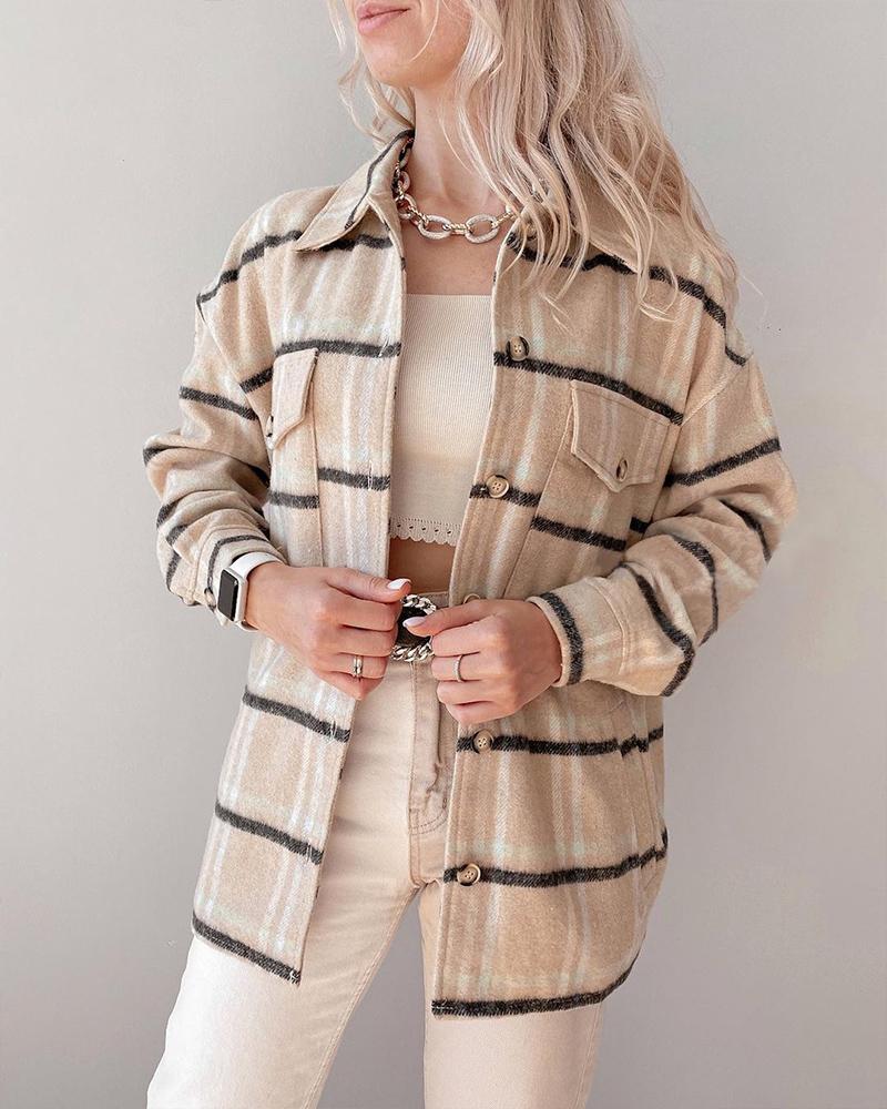 

Plaid Print Button Pocket Design Shacket, Khaki