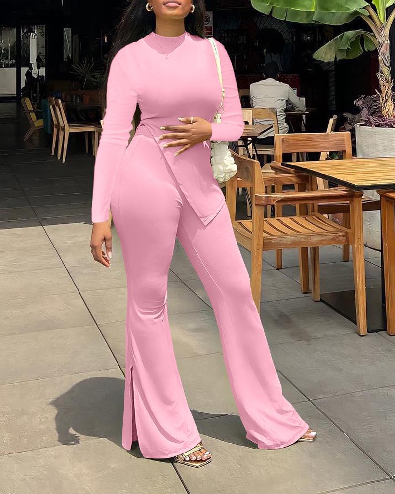 

Split Hem Long Sleeve Top & Flared Leg Pants Set, Pink