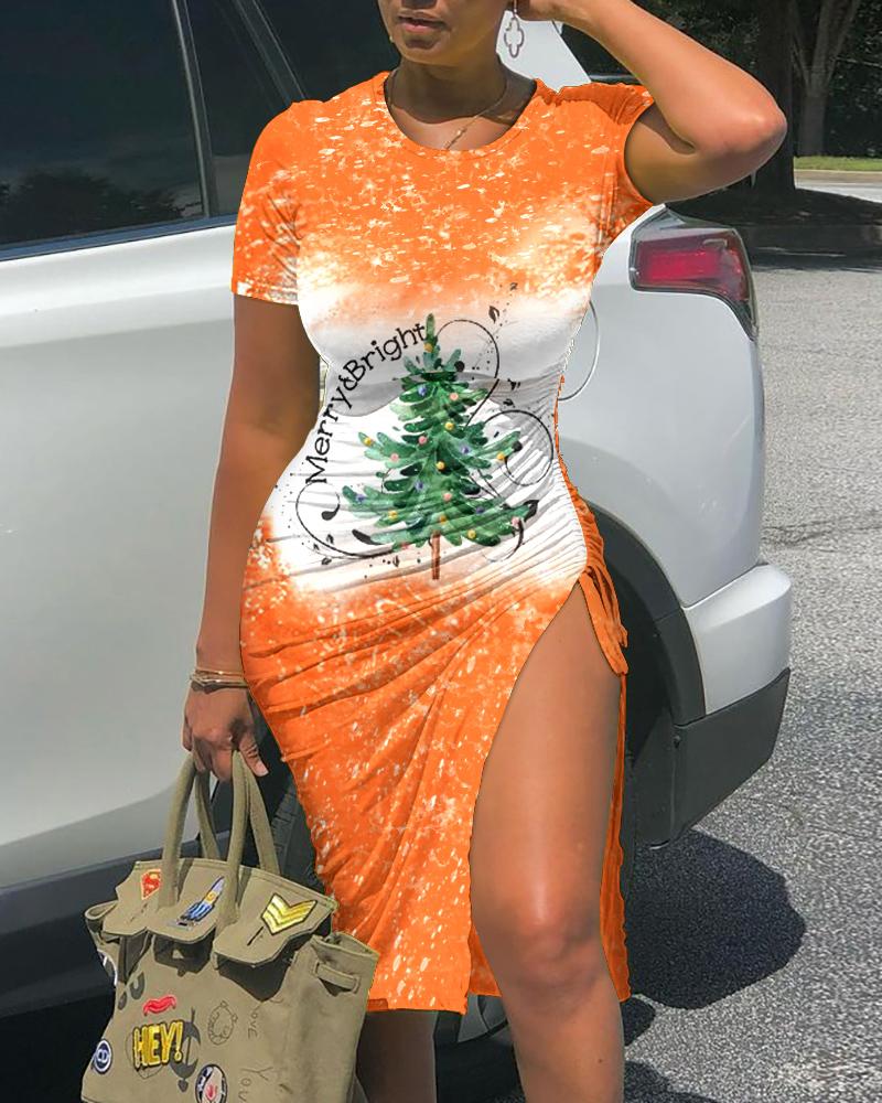 

Christmas Tree Tie Dye Print Drawstring High Slit Dress, Orange