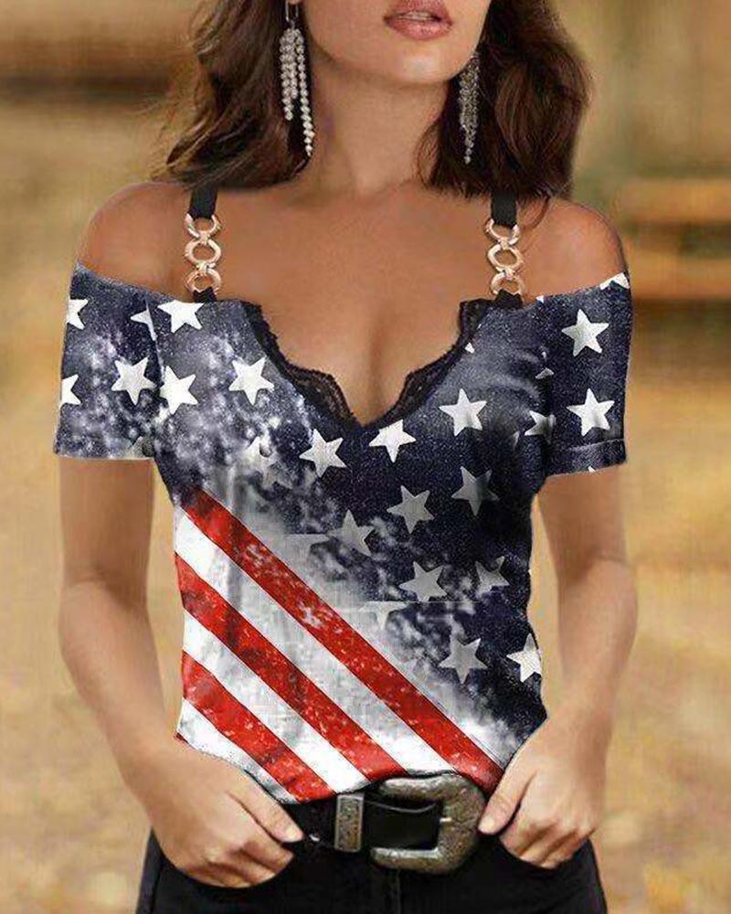 

Independence Day Flag Print Cold Shoulder Top, Style1