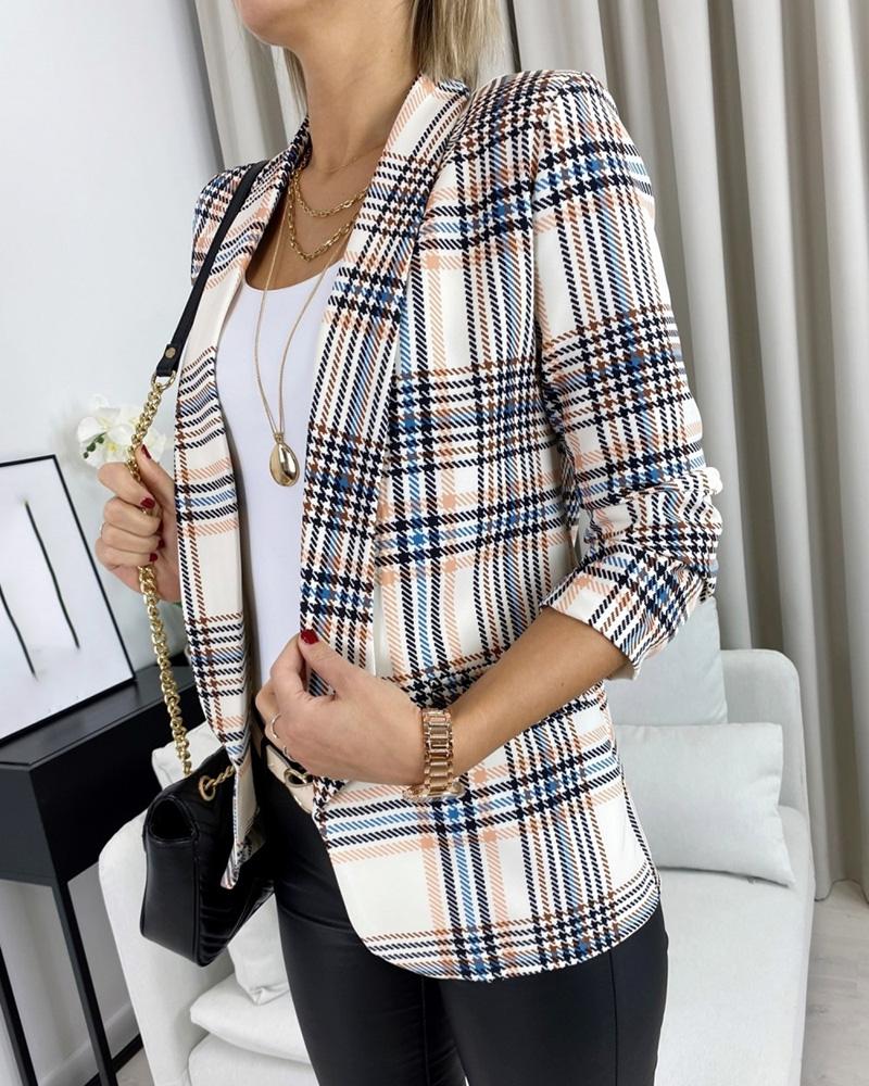 

Long Sleeve Plaid Print Pocket Decor Blazer Coat, Khaki