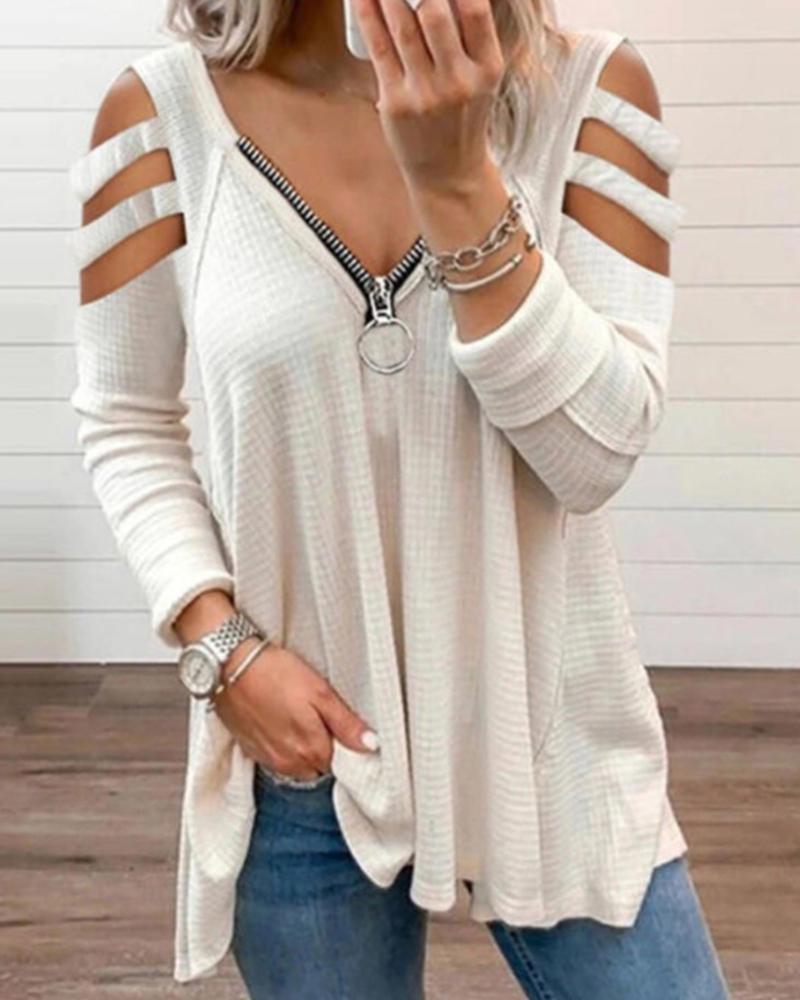 

Waffle Knit Zipper Design Cutout Long Sleeve Top, White