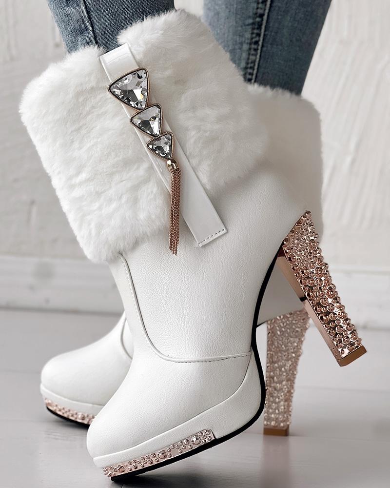 

Rhinestone Tassel Fuzzy Detail Lined Boots, White