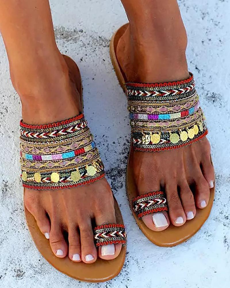 

Ethnic Boho Style Toe Ring Slippers, Red