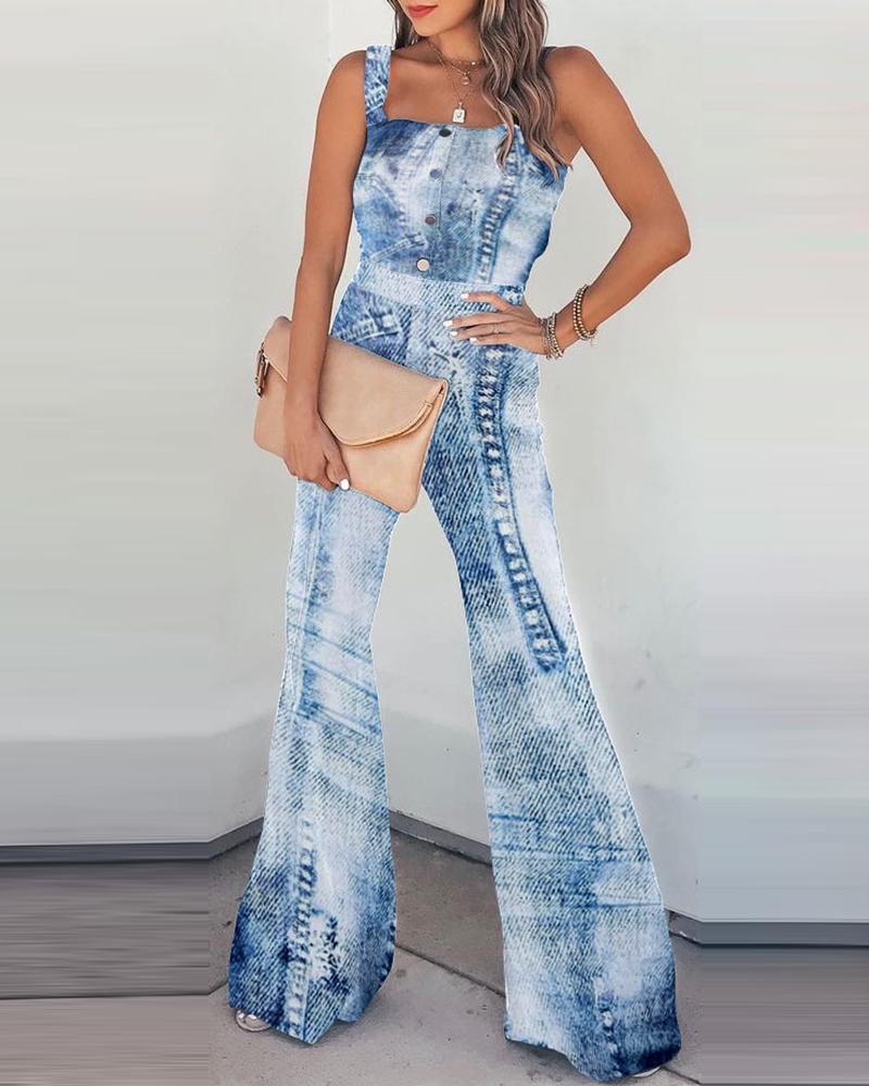 

Thick Strap Button Design Square Neck Denim Jumpsuit, Blue