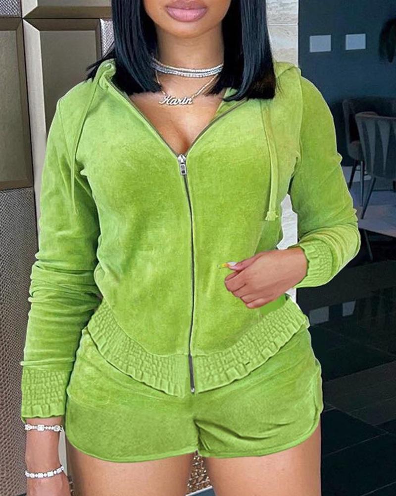 

Zip Up Drawstring Hooded Top & Shorts Set, Green