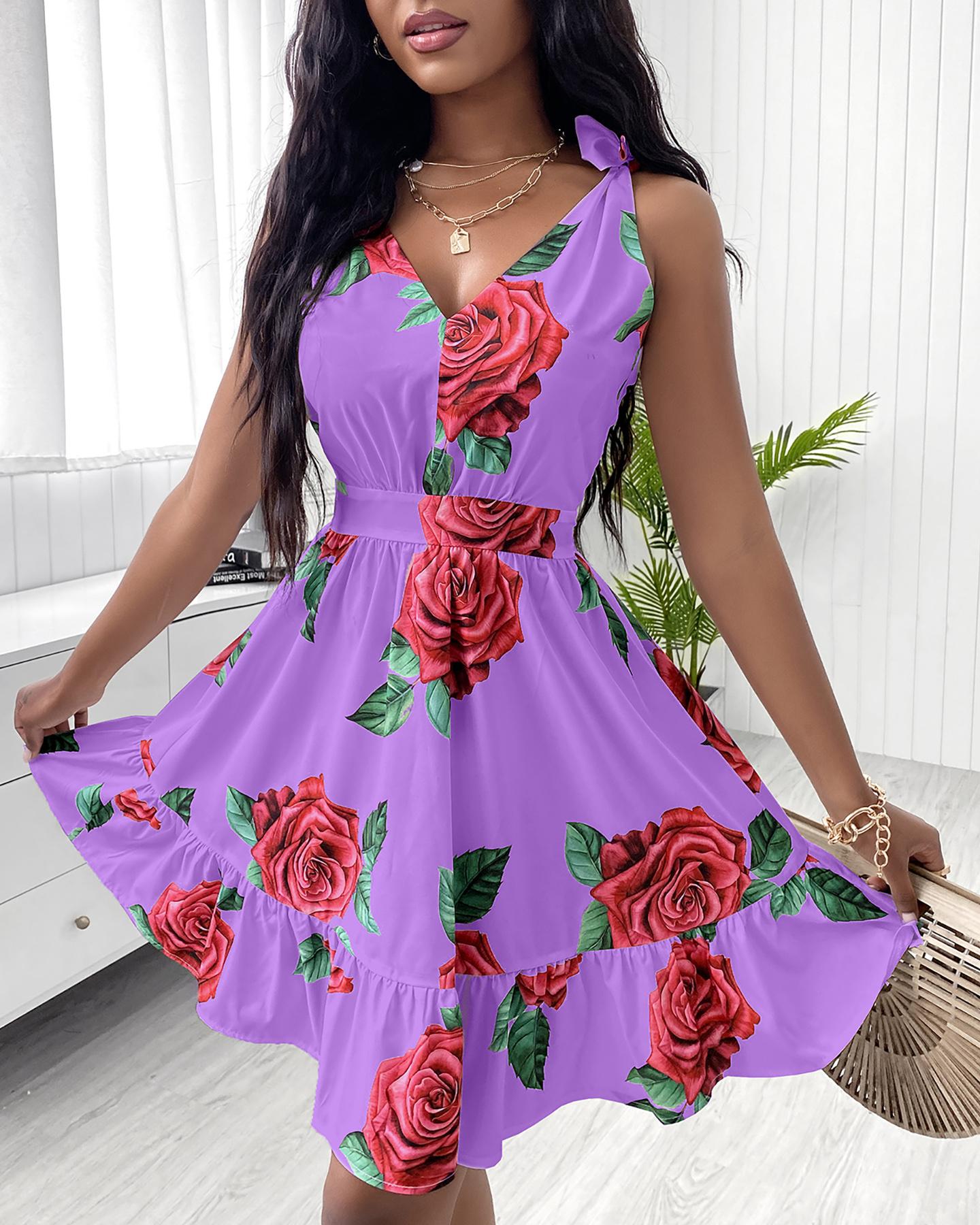 

Floral Print Sleeveless Dress, Purple