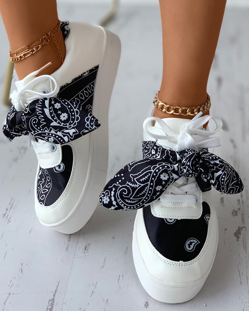 

Paisley Print Knotted Eyelet Lace-up Flatform Sneaker, Black