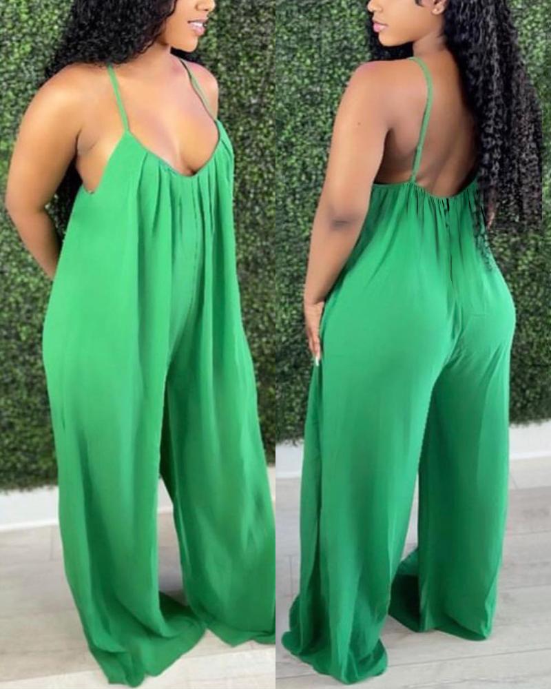 

Spaghetti Strap V-Neck Wide Leg Jumpsuit, Green